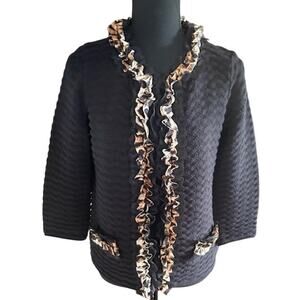 Chico’s Black Textured Cotton Jacket with Ruffle Trim – Size 0 (S/P Equivalent)